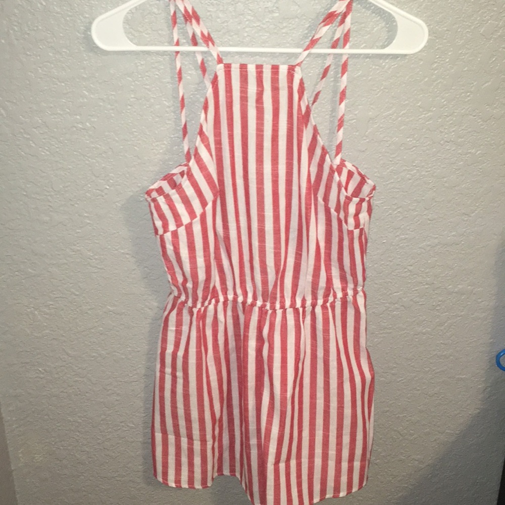 Vertical Coral and White striped Romper
